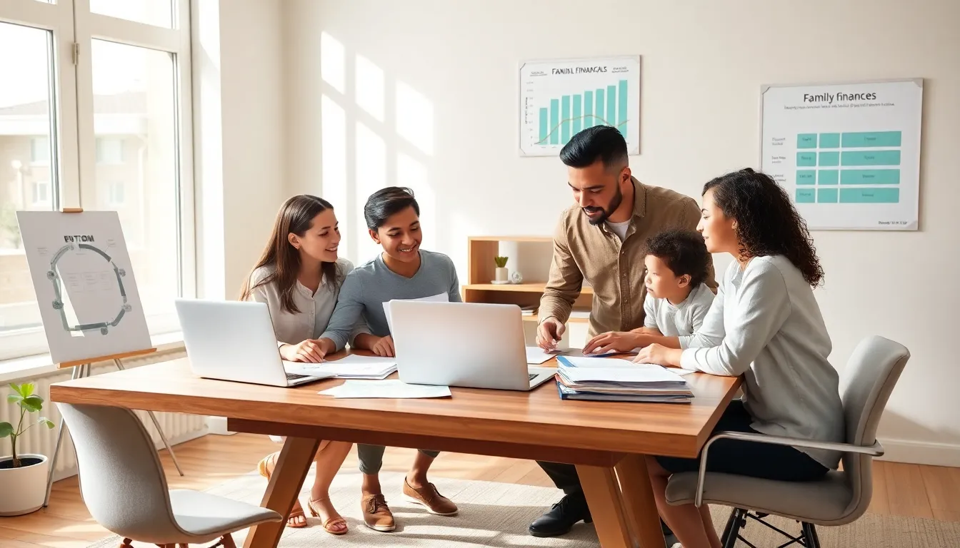 family discussing financial goals in a modern home office.