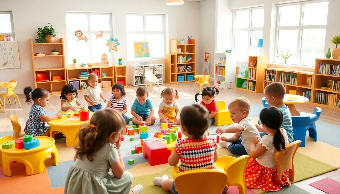 children playing and learning in a colorful classroom setting.