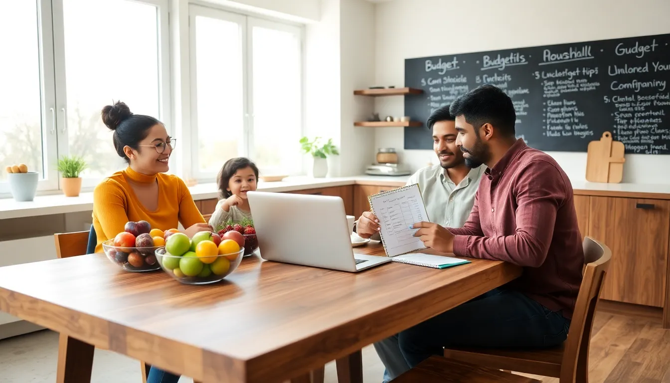 Family reviewing their grocery budget in a modern kitchen.