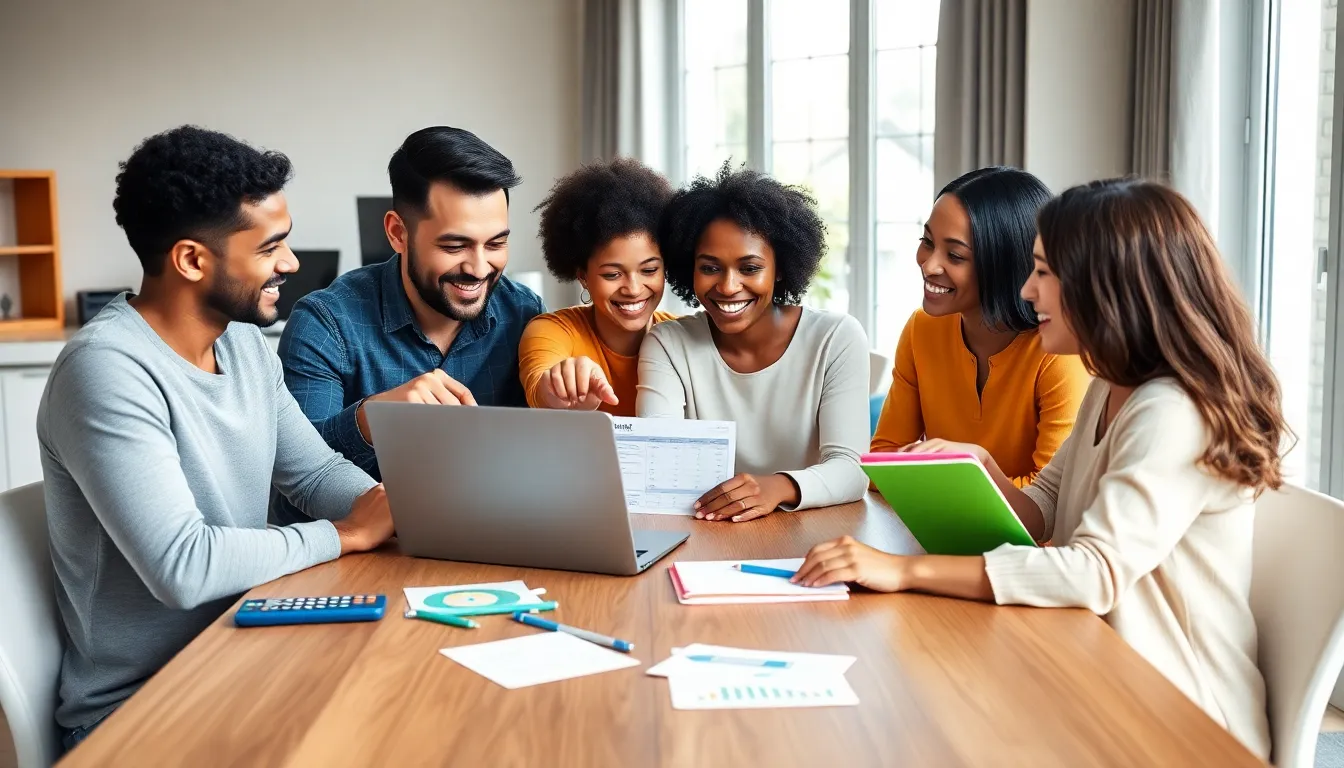 family discussing finances at a modern home office table.