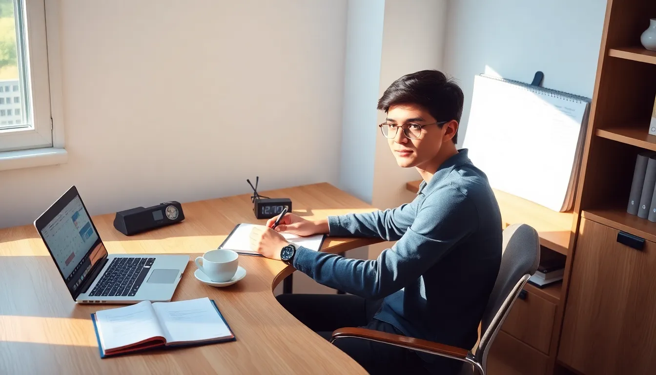 student studying in a modern workspace with a planner and laptop.