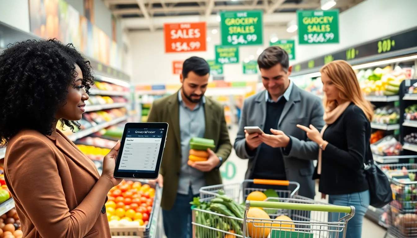 a diverse group using a grocery bill calculator in a supermarket.