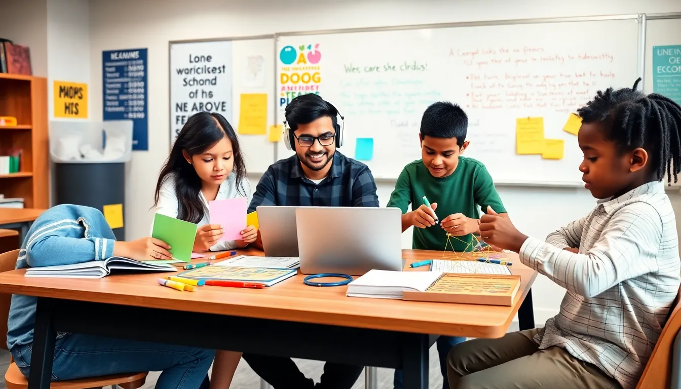 diverse students using various study methods in a modern classroom.